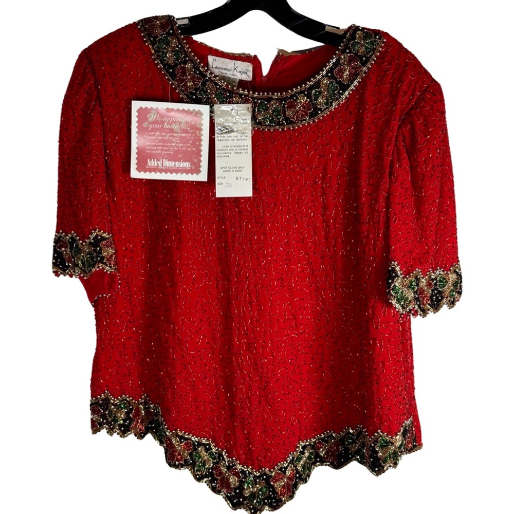 Vintage Lawrence Kazar New York top. Beaded red top trim red, green, gold beads.
